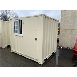 BRAND NEW 8' SHIPPING STORAGE CONTAINER, PORTABLE OFFICE, WITH DOOR, WINDOW AND REAR SWING DOOR