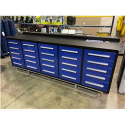 STEELMAN 9'5" 25 DRAWER BLUE METAL INDUSTRIAL WORK BENCH WITH DRAWER LOCKS, ANTI-SLIP LINERS, CAN