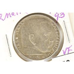 1937-F GERMAN SILVER 2 MARK WITH SWASTIKA VF