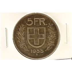 1933-B SWITZERLAND SILVER 5 FRANCS .4027 OZ. ASW