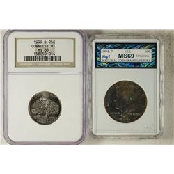 2 SLABBED COINS 1999-D CONNECTICUT QUARTER NGC