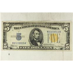 1934-A $5 NORTH AFRICA YELLOW SEAL SILVER CERT.