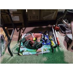 ASSORTED SAW BLADES, CAULKING GUNS, WORK LIGHT, LEVEL, YARD METER, MILWAUKEE & HEAVY DUTY ELECTRIC