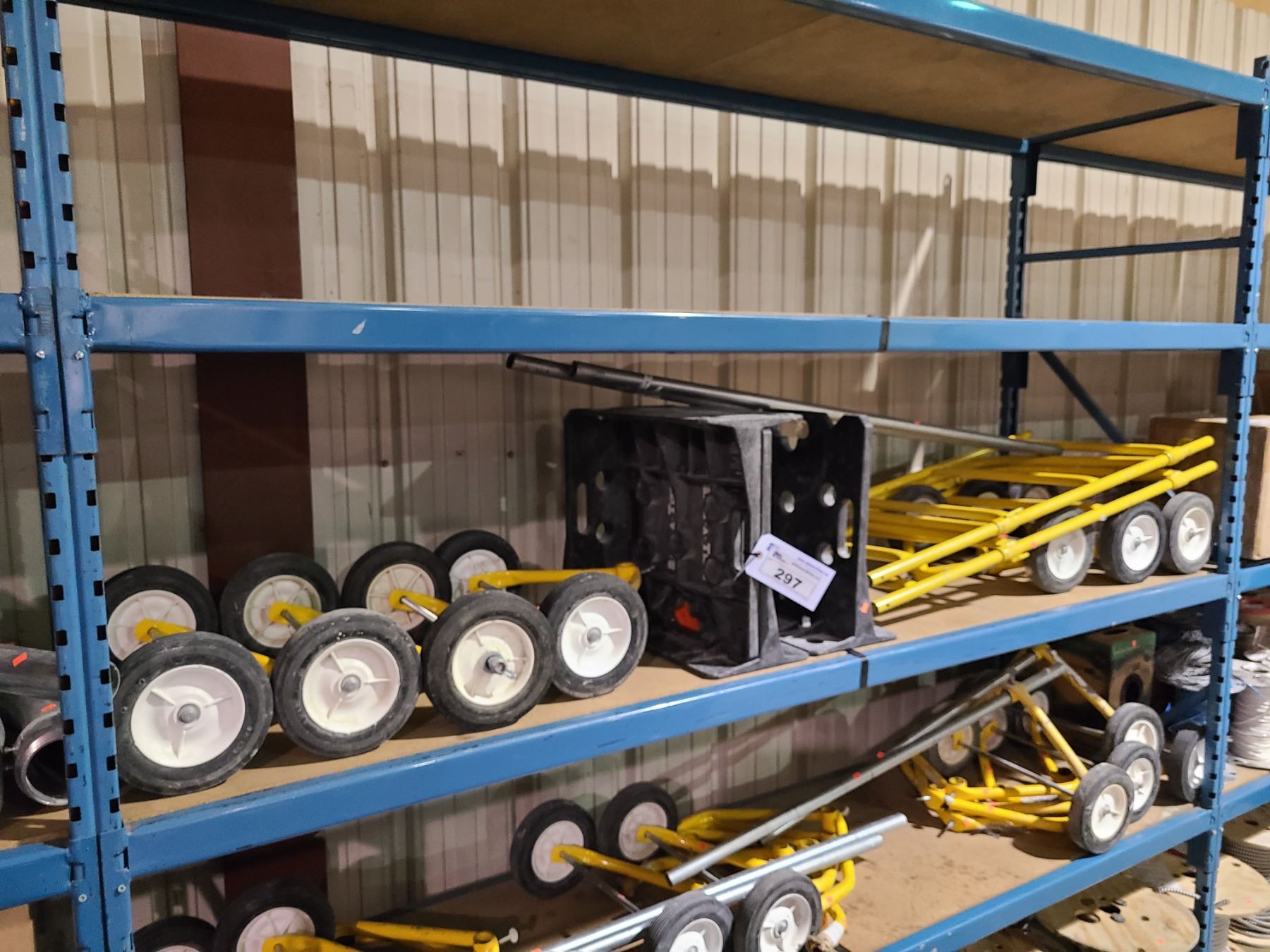 SHELF LOT OF 7 ELECTRICAL WIRE SPOOL DOLLY WHEELS, 4 RACK-A-TIER ...