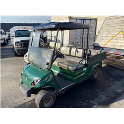 GREEN GOLF CART WITH LONG BOX, DOES NOT RUN, NO KEY, NO HOURLY GAUGE, HAS CHARGER