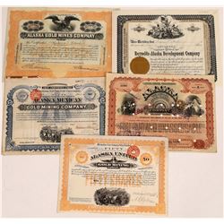 Five Different Alaska Mining Stock Certificates  (109291)