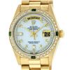 Image 5 : Rolex Mens 18K Yellow Gold MOP String Diamond & Emerald President Wristwatch