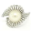 Image 2 : Vintage 14K White Gold 8.5mm Pearl Bezel Diamond 2 Wave Bypass Cocktail Ring