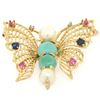 Image 2 : 14k Yellow Gold Open Turquoise Pearl Sapphire Ruby Diamond Butterfly Brooch Pin