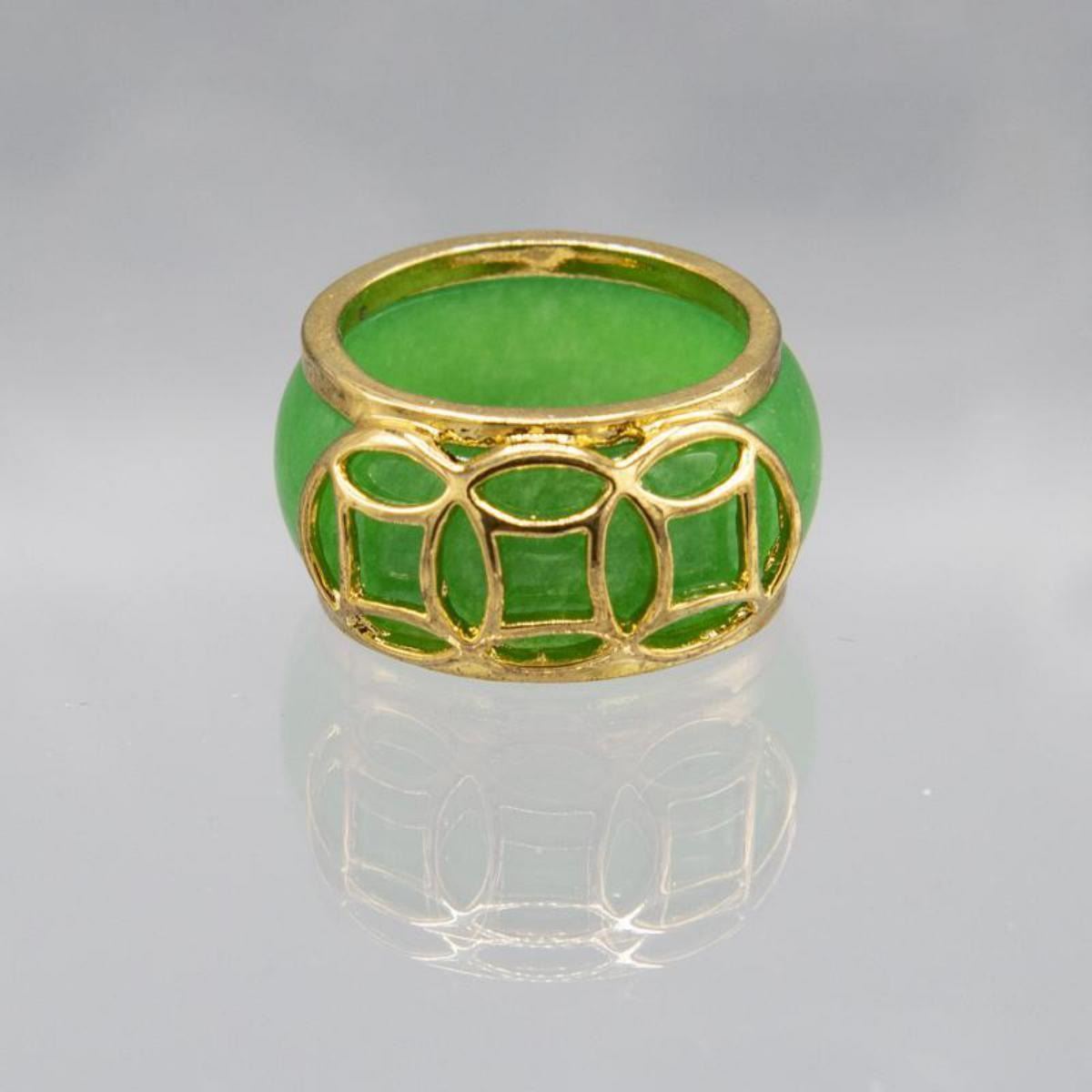 Carved Jade Ring Mounted in 14 kt Gold Overlay