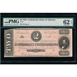 1864 $2 Confederate States of America Note PMG 62EPQ