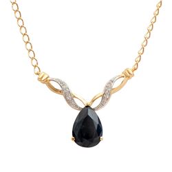 Plated 18KT Yellow Gold 6.05ct Black Sapphire and Diamond Pendant with Chain