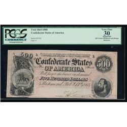 1864 $500 Confederate States of America Note PCGS 30