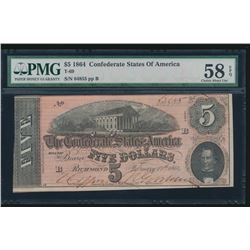 1864 $5 Confederate States of America T-69 PMG 58EPQ