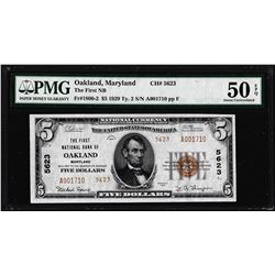 1929 $5 First NB of Oakland, MD CH# 5623 National Note PMG About Uncirculated 50EPQ