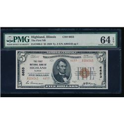 1929 $5 Highland National Note PMG 64EPQ