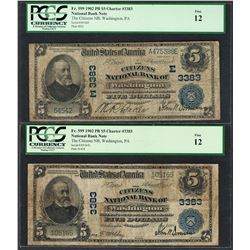 Lot of (2) 1902PB $5 Washington, PA CH# 3383 National Currency Notes PCGS Fine 12