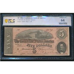 1864 $5 Confederate States of America T-69 PCGS 64