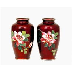 2 Japanese Pigeon Blood Cloisonne Rose Vase #1308290