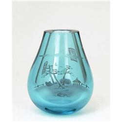 Chinese Acqua Color Thick Etching Glass Vase #1308321