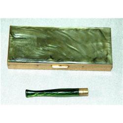 Green Thermoset  Brass Cigarette Case & Holder #1308983