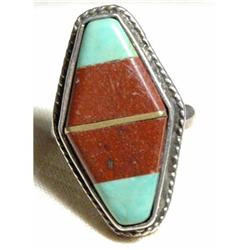 Large Handcraft Silver Turquoise  & Stone Ring #1308991