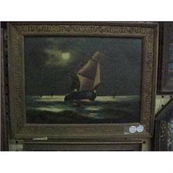 Duval Signed Art Deco Ship Oil Painting #1309264