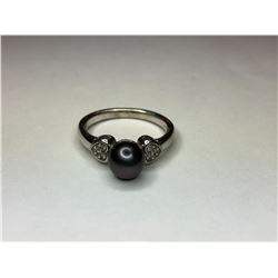 10K White Gold Black Pearl and Diamond Ring