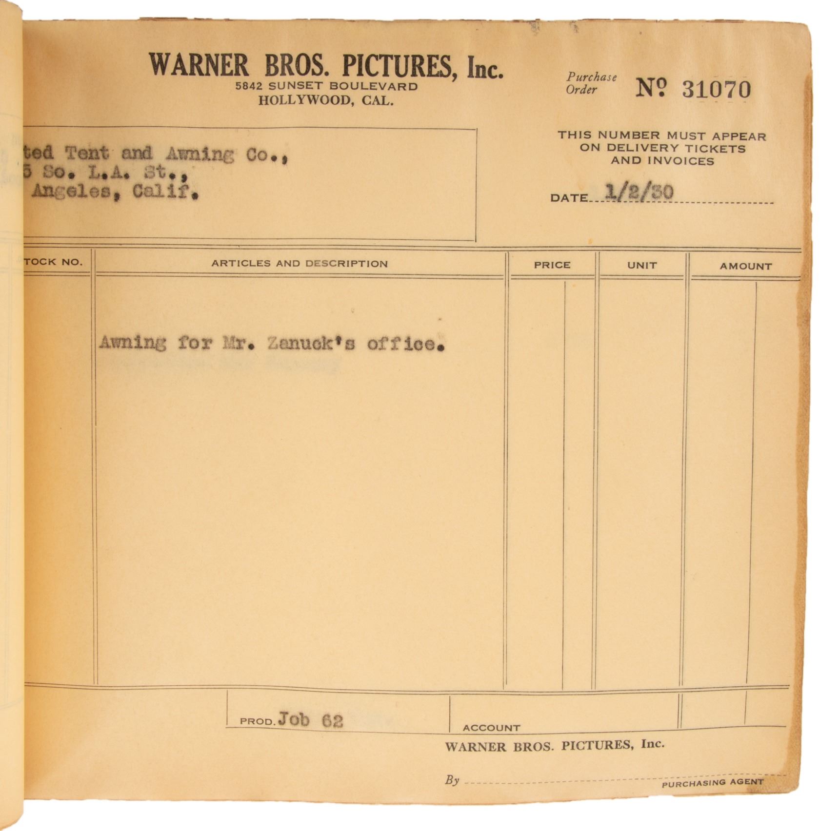 Warner Bros. Studios binder of production receipts.