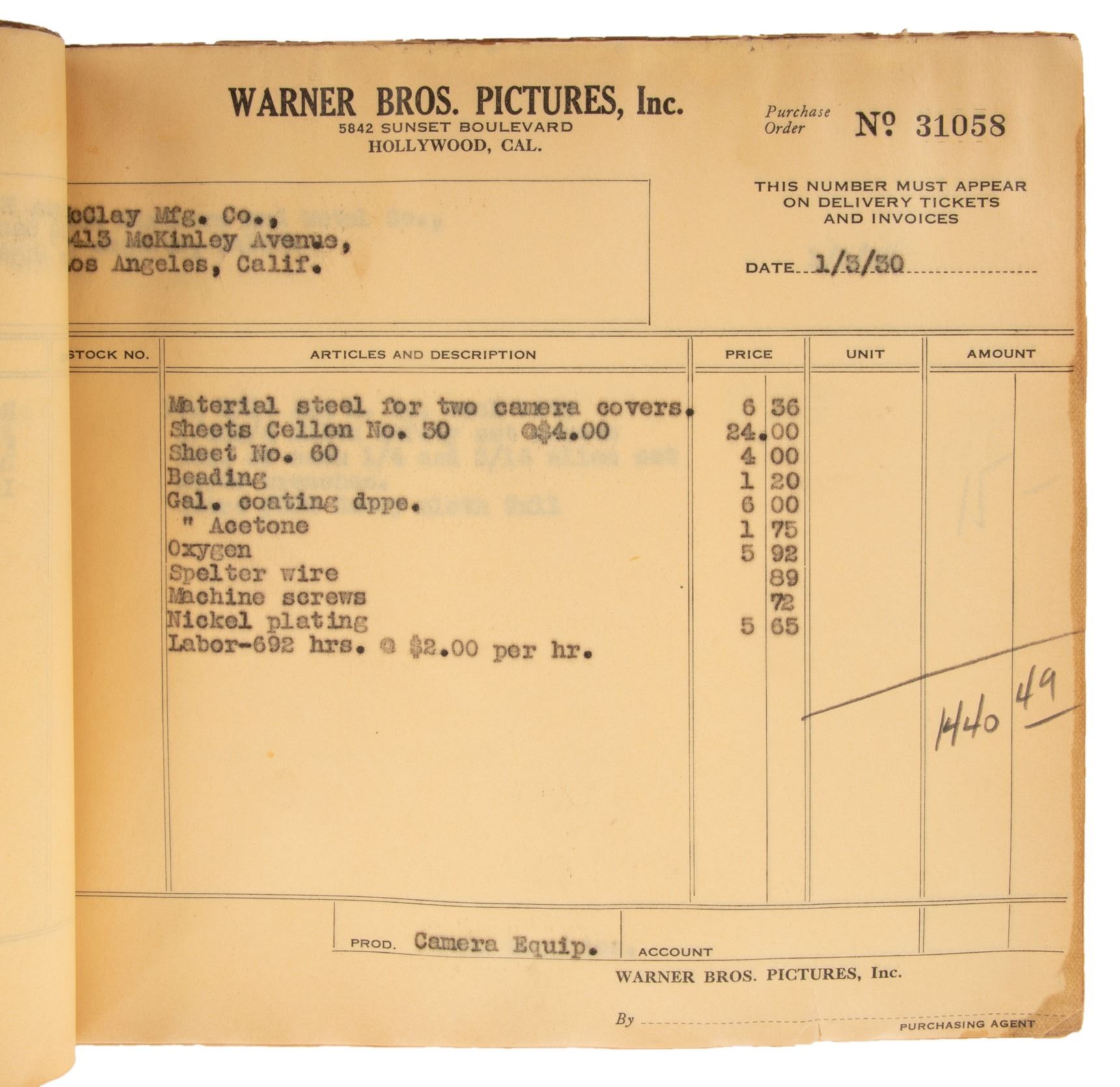 Warner Bros. Studios binder of production receipts.
