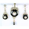 Image 1 : ANTIQUE 18K GOLD EARRINGS PENDANT BLACK ONYX PEARL DIAMONDS (61879)
