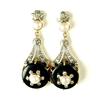 Image 2 : ANTIQUE 18K GOLD EARRINGS PENDANT BLACK ONYX PEARL DIAMONDS (61879)