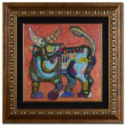 "Earth Bull" Original Mixed Media Painting by Renowned Artist Lu Hong, Hand Sign