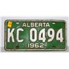 Image 1 : VINTAGE ALBERTA 1962 LICENSE PLATE- GREEN