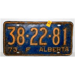 VINTAGE ALBERTA F 1973 LICENSE PLATE- BLUE