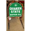 Image 1 : ANTIQUE QUAKER STATE PORCELAIN ON METAL SIGN ON STAND 48" X 31"
