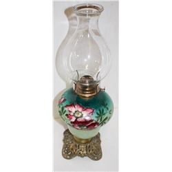 ANTIQUE HAND PAINTED FLORAL BASE OIL LAMP