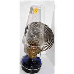 ANTIQUE OIL LAMP W/ BLUE GLASS BASE & SHIELD
