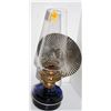 Image 1 : ANTIQUE OIL LAMP W/ BLUE GLASS BASE & SHIELD