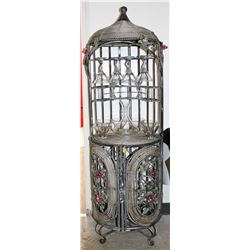 ORNATE METAL AND WICKER WINE RACK W/ GLASSWARE
