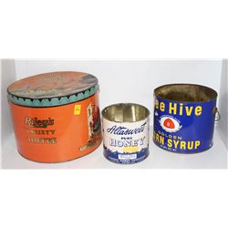 3 COLLECTIBLE CONFECTIONARY  TINS; BEE HIVE CORN-