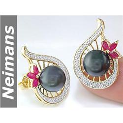 AAA 9.5 MM Black Tahitian Pearl & Diamond Earrings 14kt