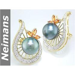CERT 9.5 MM Tahitian Pearl, Sapphire & Diamond Earrings