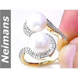 Neimans 8.5 MM Akoya Pearl & Diamond Ring 14k Gold CERT