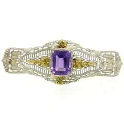 14k White & Green Gold 3.00 ctw Emerald Cut Amethyst Filigree Brooch Pin