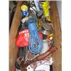 Image 2 : LG. WOODEN BOX WITH ASST. ITEMS, TOOLS, HATCHET, FIRST AID KITS, ETC.