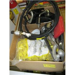 BOX OF MISC. SUREFORM PROPANE HOSE, ELECTRIC FENCE CLIPS, ETC.