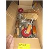 Image 1 : BOX OF ASST. TOOLS, WOOD CLAMPS, COPING SAW, SCREWDRIVERS, ETC.