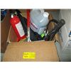 Image 1 : BOX OF MISC. FIRE EXTINGUISHER, SQUEEGIE, CABLE LOCK, ETC.