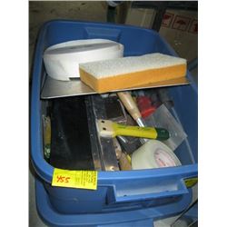 BIN OF ASST. TROWELS, SPONGES, DRYWALL TOOLS, ETC.